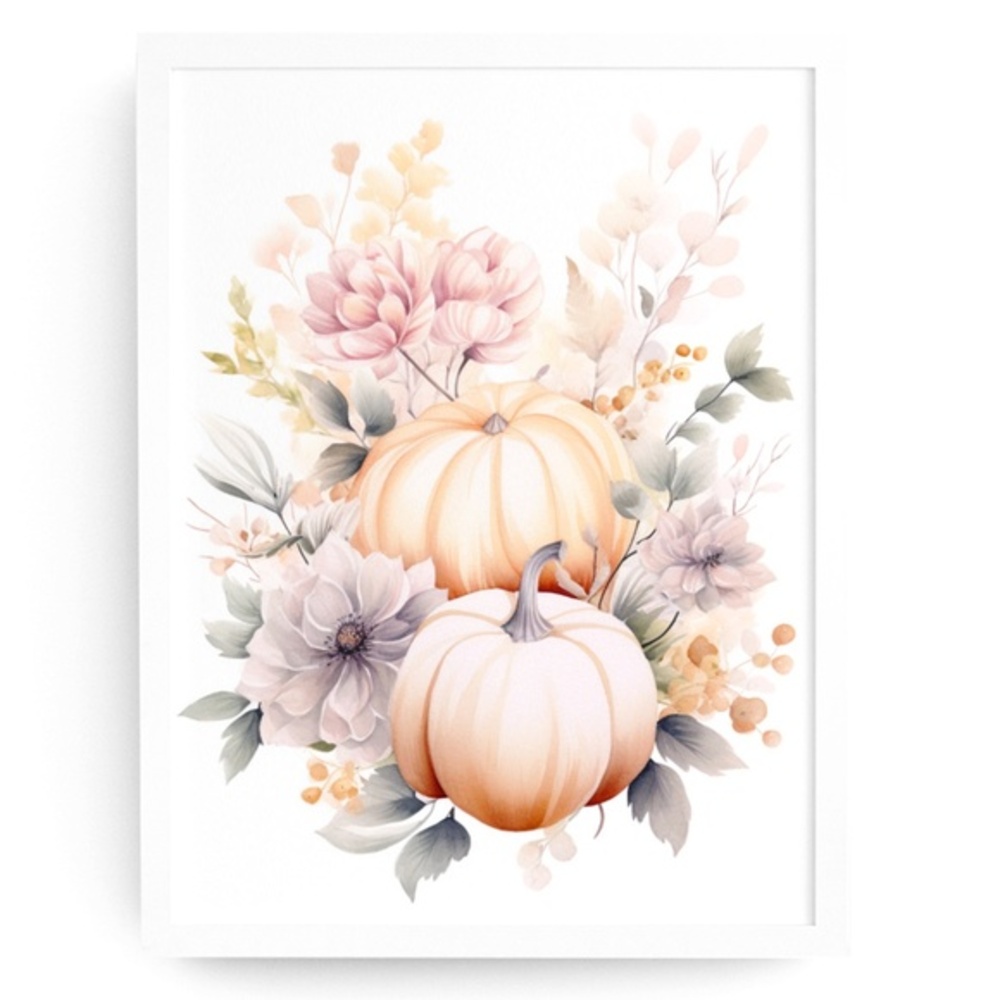 Pumpkin with Flowers Wall Art Print Unframed - Cozy Autumn Elegance